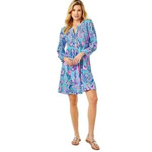 Lilly Pulitzer Seana Chilly Lilly V Neck Pleated Tunic Dress Blue Pink Size L